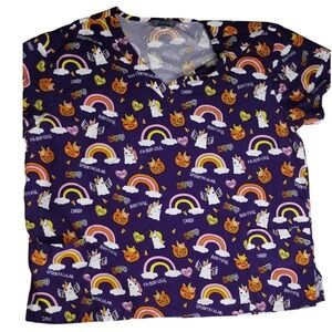Serene Uniforms 2X Halloween‎ Scrub Top Boo Spooktacular Unicorn Rainbows Women
